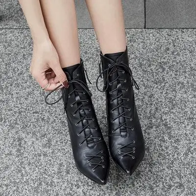 

White Stone Print Cross-tied Lace-up Thin-heel Short Woman Boots Genuine Leather Fashion High-heel Pointed Toe Shoes 2021 New