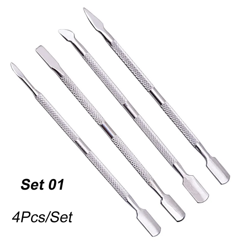 Set01-4Pcs 4 шт./лот, двусторонний толкатель для кутикулы, для удаления омертвевшей кожи, для ногтей, для удаления кутикулы, из нержавеющей стали, для педикюра, маникюрный очиститель, инструменты - Цвет: Set01-4Pcs