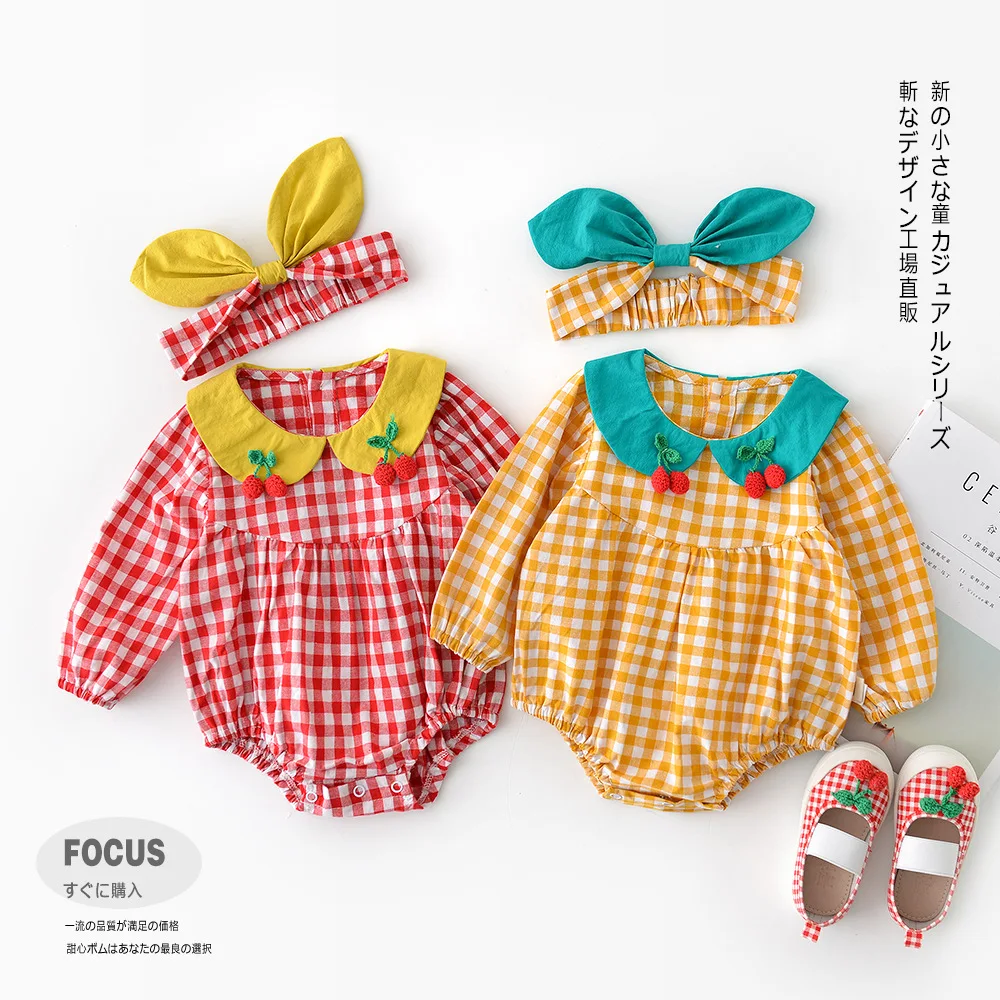 Осенняя детская клетчатая кукла Детский комбинезон с вишнями + повязка на голову