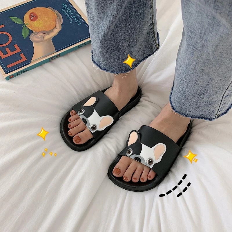 

Cute Cartoon Dog Women Slides 2020 Fashion Pu Leather Beach Slides Home Slippers Slip on Sandals Women Shoes Flip Flops