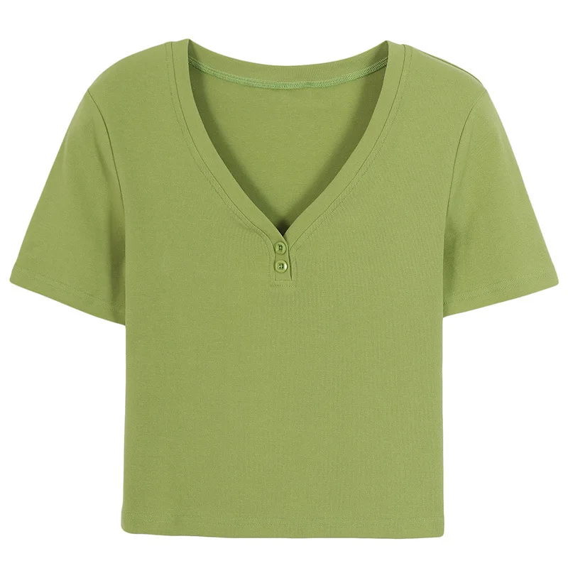 

Half Sleeves 2020 Solid Color V Neck T Shirt Woman Bf Lazy Wind Summer Wear Clothes Female Fruit Green Color Fashion Tops