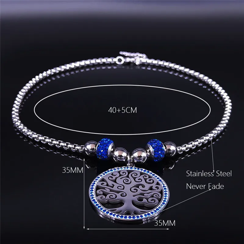 

2021 Tree of Life Blue Crystal Stainless Steel Chocker Necklace Silver Color Necklace Women Jewelry collier femme NXS03
