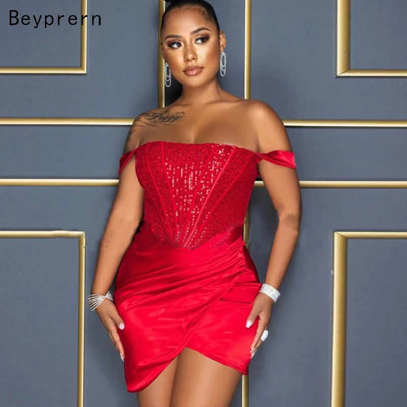

Новое шикарное атласное платье-корсет Beyprern с открытыми плечами и блестками красного цвета с драпировкой, наряды на день рождения с блесткам...