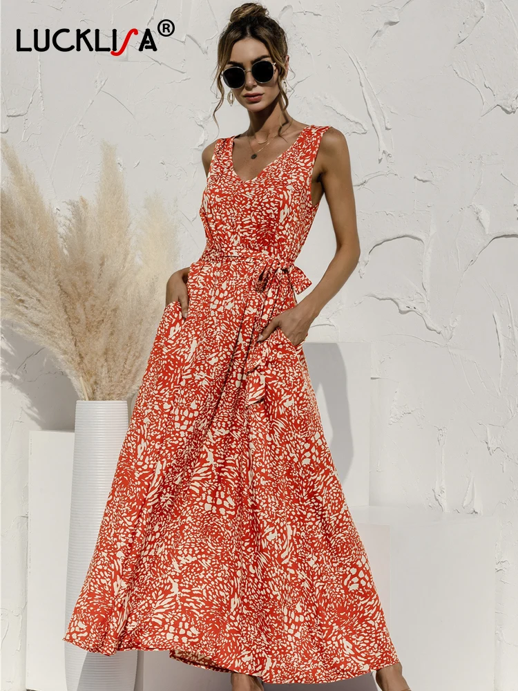 

Lucklisa Print Maxi Dress Women Sleeveless Hight Waist Laceup Print Long Dresses Women V-Neck Elegant Holiday Summer Dresses