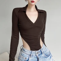 sexy solid brown color knit v neck slim exposed waist jumpsuit for ladies 2021 autumn long sleeve bodysuit womens turtleneck