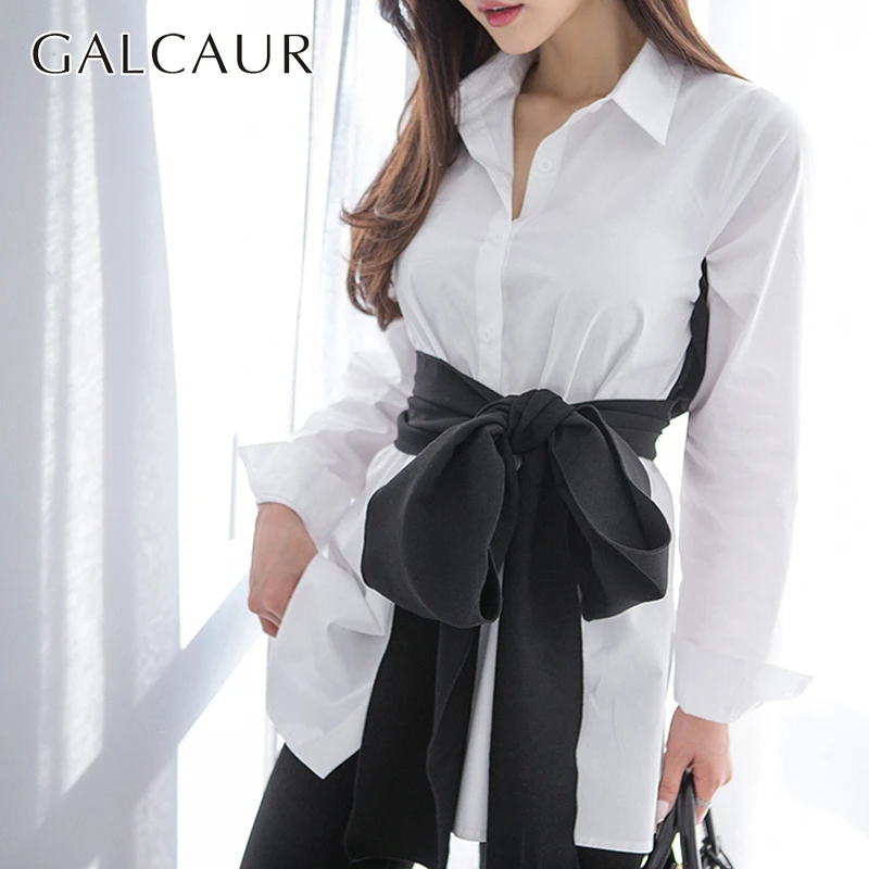 

GALCAUR Causal Patchwork Women Shirt Lapel Collar Long Sleeve High Waist Tuic Lace Up Hit Color Blouse Female Fashion 2020 Tide