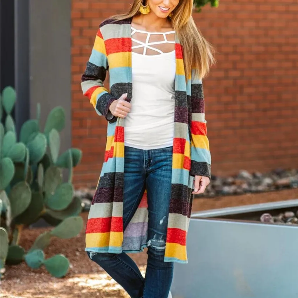 Женский длинный кардиган в полоску Повседневная Свободная куртка стиле ретро с