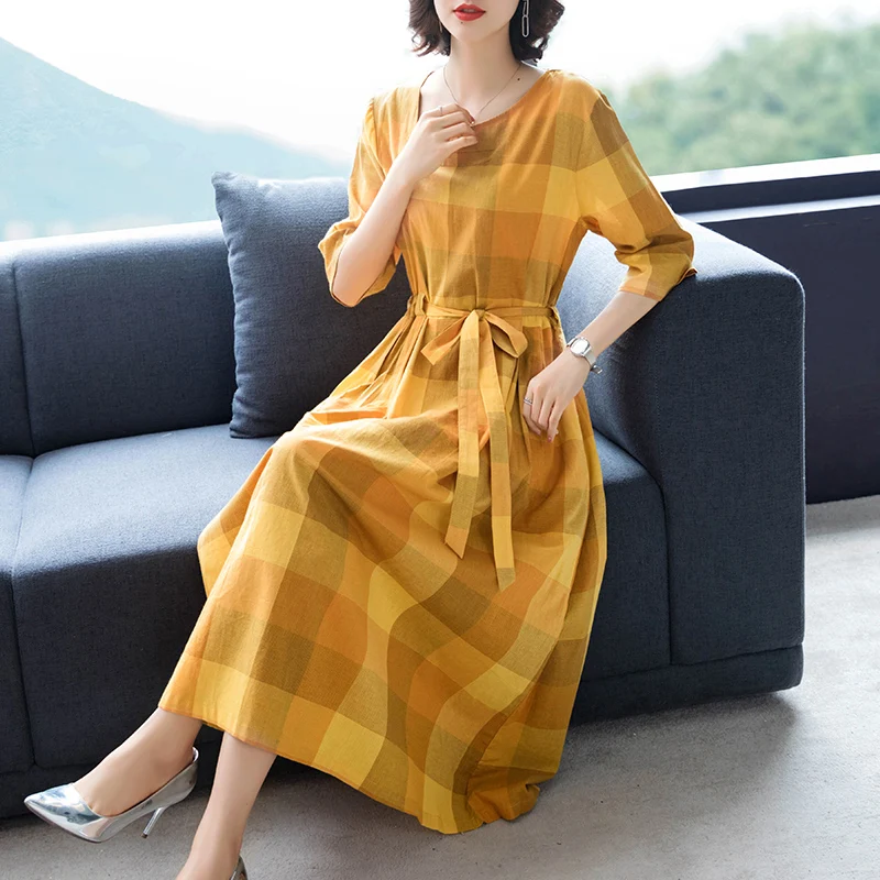 Корейское клетчатое платье из хлопка и льна новинка 2020 летние свободные длинные