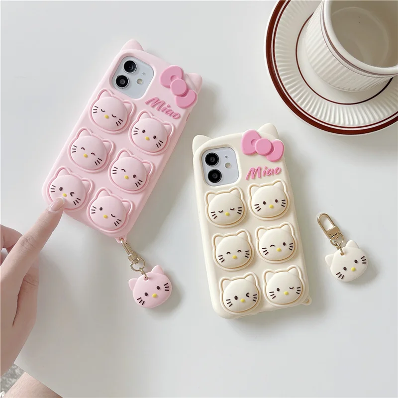 

Cute Cartoon Cat Pendant Phone Case For iPhone 11 12 Pro MAX Mini X XS XR SE 6 7 8 Plus Bow Soft Silicone Shockproof Back Cover