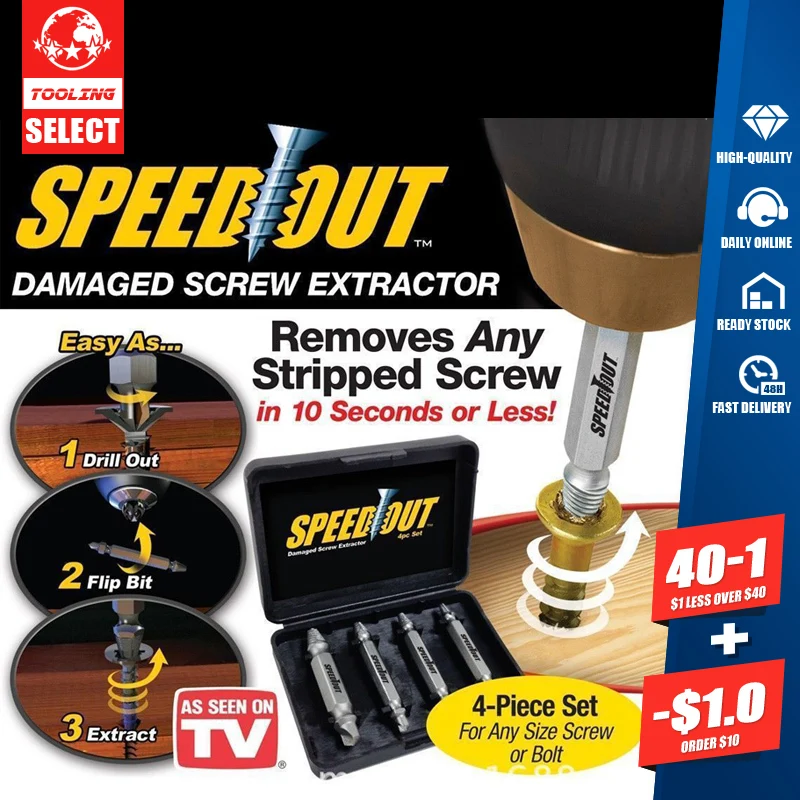 

4Pcs/Set Broken Damaged Screw Removers Extractor Drill Bit Guide Set Broken Bolt Fastener Easy Out Kit With Plastic Box