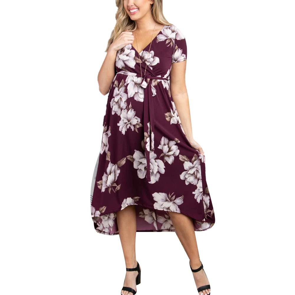 Длинное платье для беременных женщин с цветочным принтом коротким рукавом и