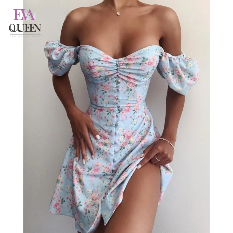Женское мини платье с цветочным принтом коротким рукавом фонариком и