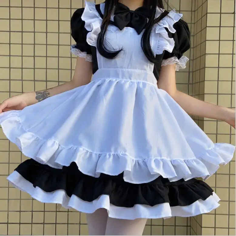 

MAGOGO Cosplay Maid Outfit Lolita Dress Women Cute Black White Bow Sweet Japanese Apron Dresses Size M XL