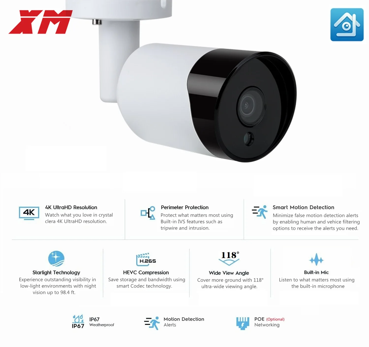 4K (8MP) Ai Face Detection Outdoor Bullet POE IP Camera 3840x2160 Audio Video surveillance Recorder for Nvr system, 2.8mm Lens