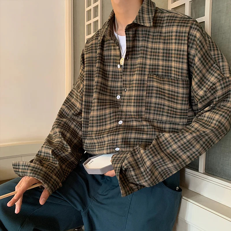 

Autumn Plaid Shirt Men's Fashion Retro Casual Shirt Men Streetwear Japanese Loose Long-sleeved Shirts Mens Dress Shirt M-2XL