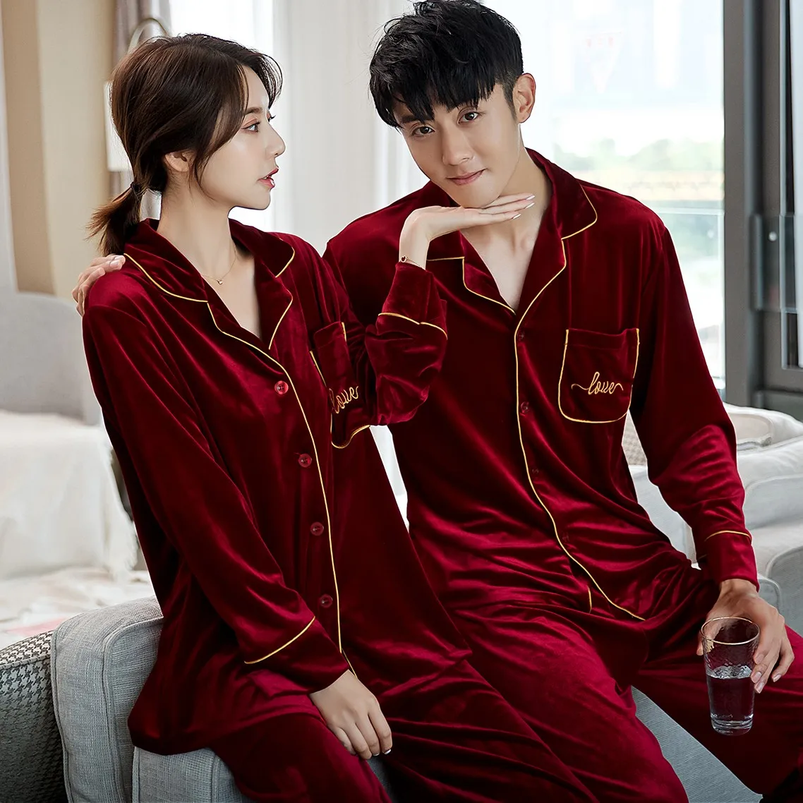 

Lovers Velour Pajamas Set 2PCS Shirt&pant Autumn Winter Velvet Sleepwear Nightwear Casual Bathrobe Long Sleeve Silky Homewear