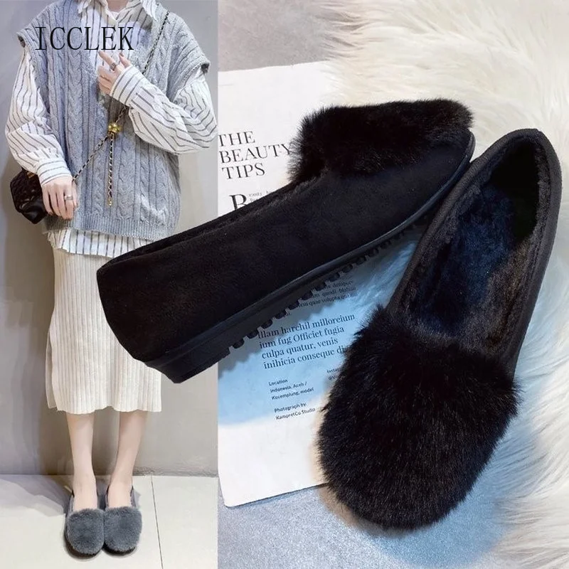 

ICCLEK 2021 Winter Women Flats Round Toe Ladies Shoes Autumn Winter Plush Fur Warm Women Loafers Woman Flats Women Shoes Shoe