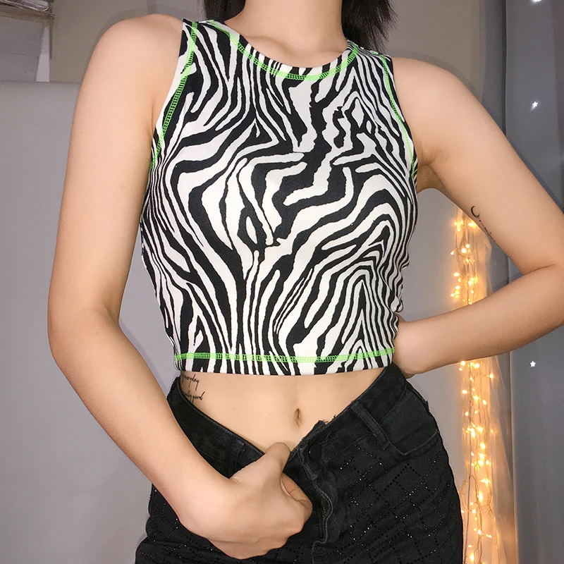 Майка без рукавов с рисунком зебры женская сексуальная укороченная летняя
