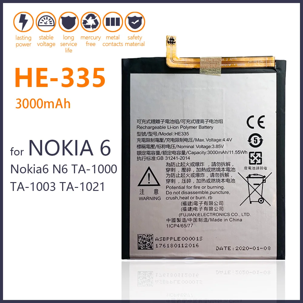 

100% Genuine HE335 Battery For Nokia 6 Nokia6 N6 TA-1000 TA-1003 TA-1021 TA-1025 TA-1033 TA-1039 3000mAh Mobile Phone Batteries