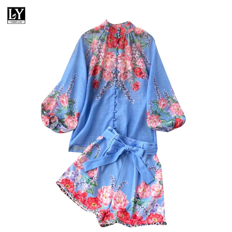 

LY VAREY LIN 2021 Spring New Women Long Puff Sleeve Single Breasted Floral Shirt Hollow Loose Wide Leg Short Two Piece Set