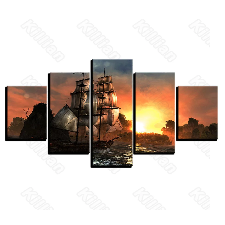 

Modern Landscape Style Murals Canvas Painting Bed Home Decoration Prints 5 Pieces Pirate Ship Sea Sunset Living Room Wall Mural