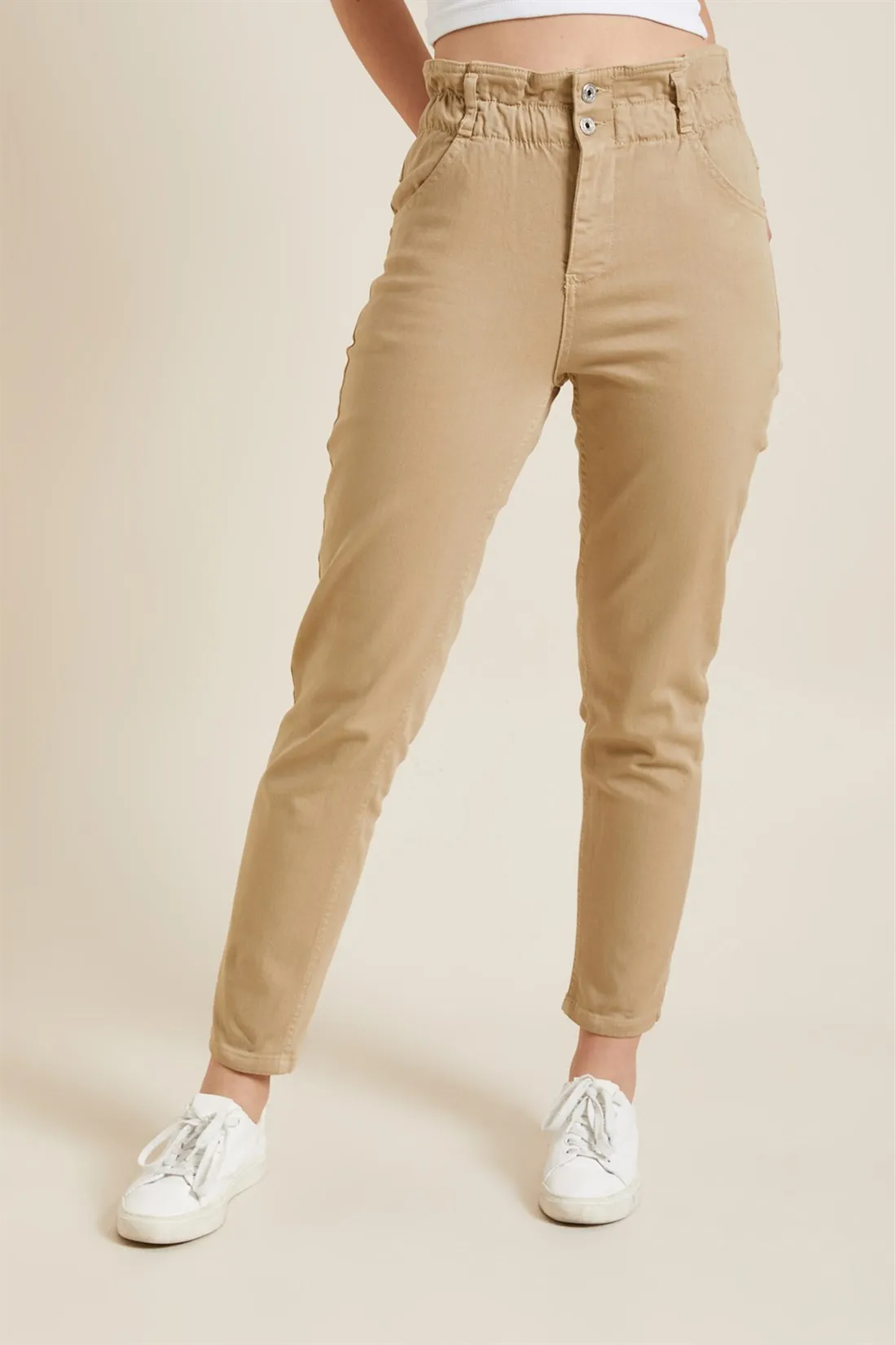 

Women's Beige High Waist Waist Elasticized Boyfriend Jean Pants