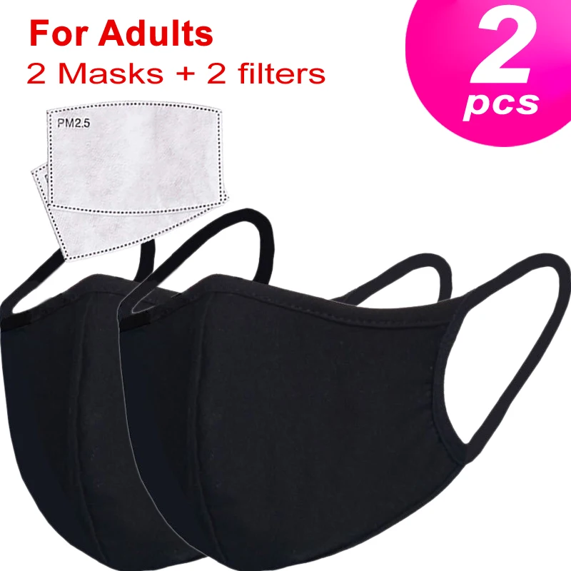 

2pcs Pure Balck White Men Women Cotton Mouth Face Mask with 5-layer Non-woven Filters Washable Reusable Cycling Camping Ski Mask