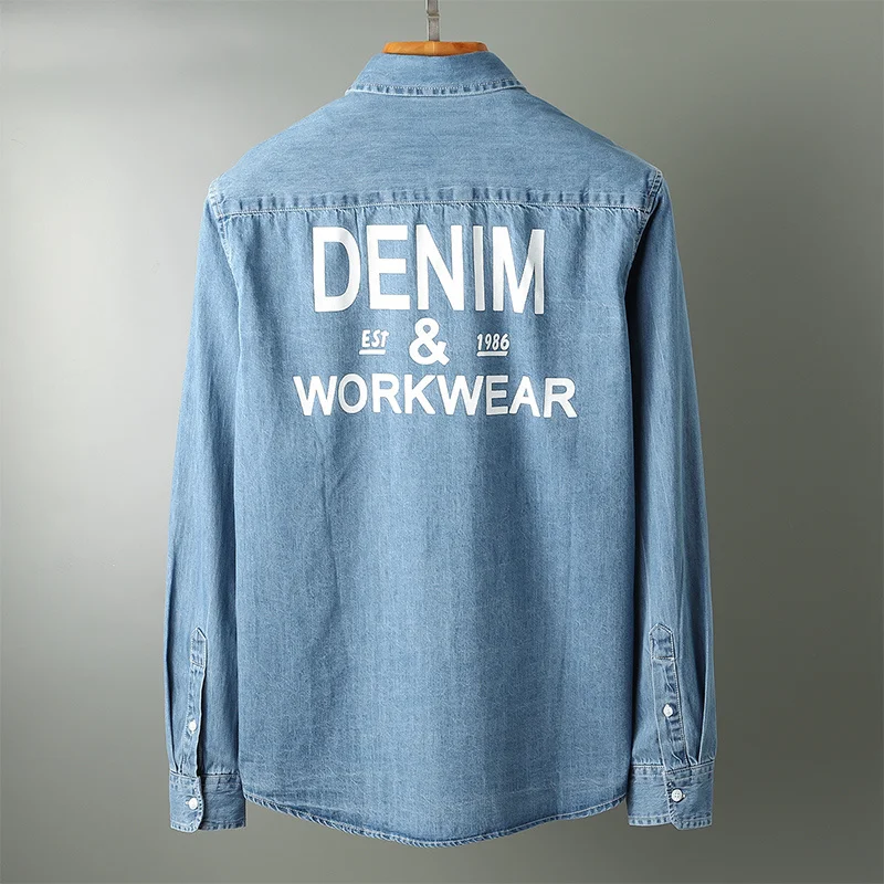 

Denim Shirts Men Long Sleeve Slim Printing Cowboy Jacket Spring Autumn Blue Single Breasted College Casual Shirts Tops