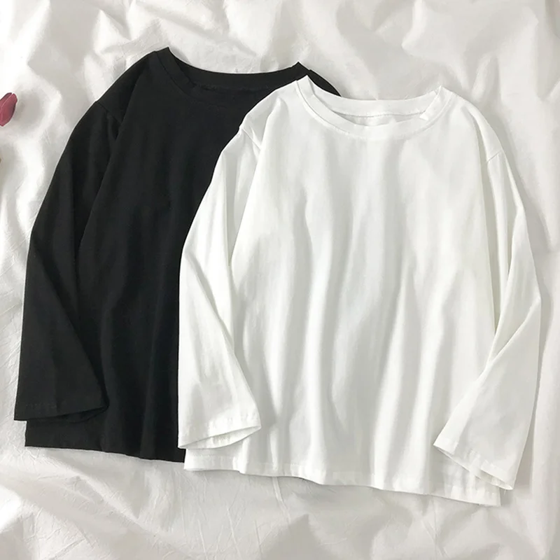 

2021spring And Autumn New Pure White Cotton T-shirt Women 'S Long Sleeve Loose Inner Wear Bottoming Shirt Simple All-Match Tops