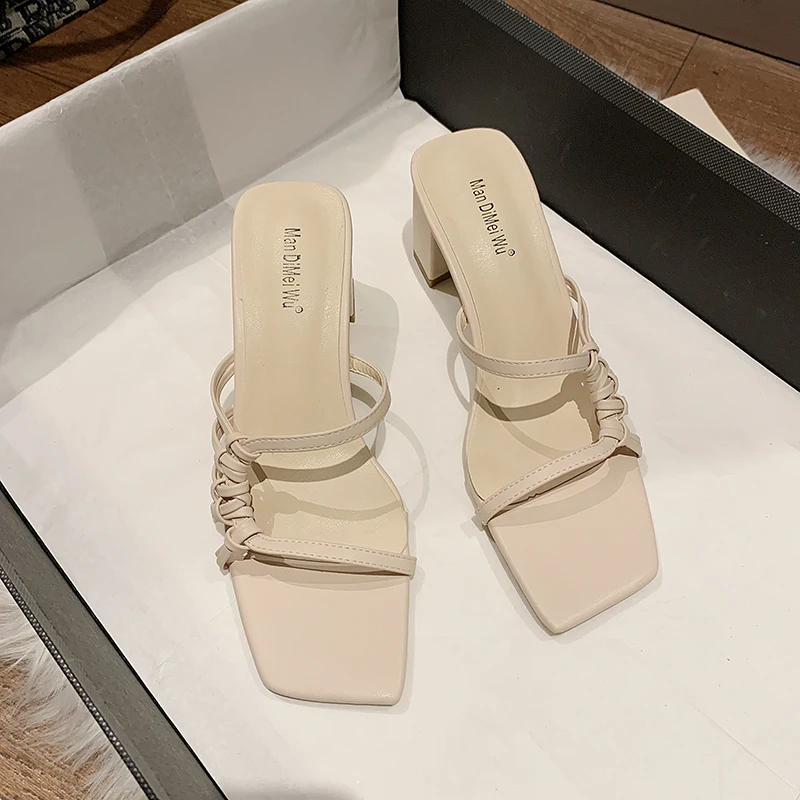 

Summer New High Heels for Women Open Toe Blue Indoor Slippers Woman Casual Beige Square heel Slides Ladies Pink House Shoes