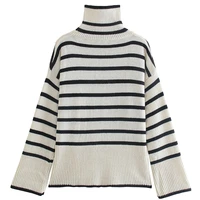 2021 woman traf autumn high neck wide sleeve striped pullover sweater french retro loose thick knit jumper tops