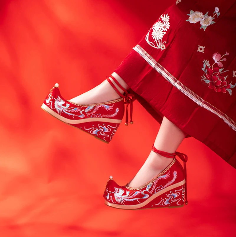 

Hanfu Shoes Women Chinese Wedding Red Embroidered Shoes Hanfu Shoes High Heels Slope Heel Lace Up Hanfu Shoes For Women Plus Siz