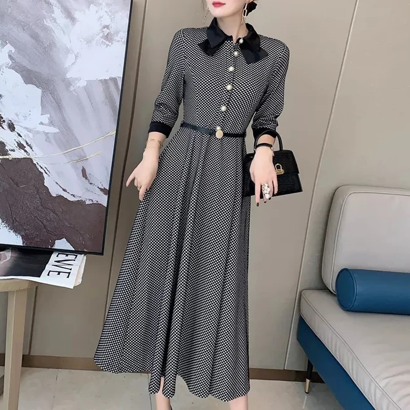 

Designer Fashion New Spring Autumn Women'S High Quality Vintage Elegant Chic Party Office Casual Plaid Button Midi Dress