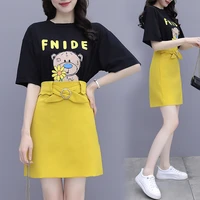 women cartoon short sleeves t shirt loose high waist skirts suits tops fashion pure color skirt sets elegant woman two piece set