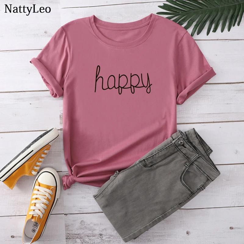 

Plus Size Women Shirt New HAPPY Letter Printed TShirt O-Neck Short Sleeve Tees 100%cotton TShirts Oversized Casual Tops Graphic
