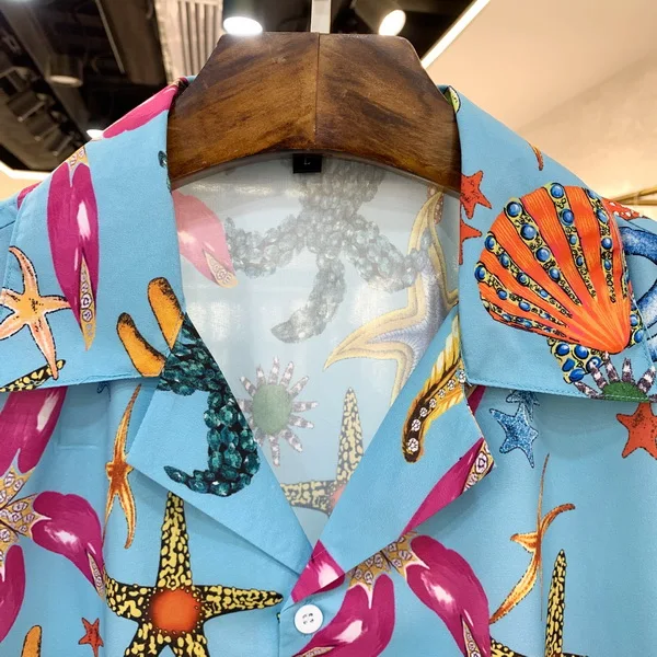 2021 mens summer hot sale fashion casual starfish printed shirt trend brand party cardigan shirt street lapel short sleeve free global shipping