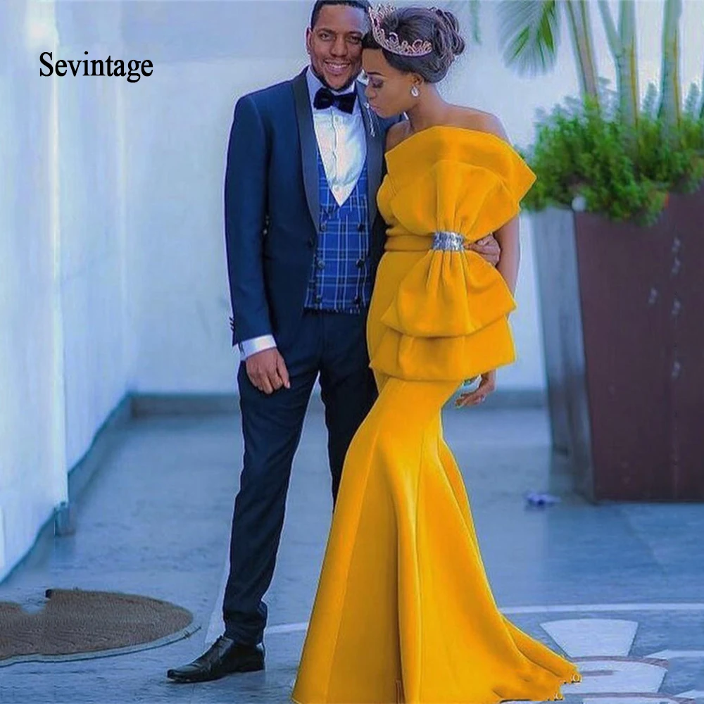 

Sevintage Yellow Long African Mermaid Evening Dresses with Big Bow Arabic robe de soiree Prom Formal Party Gowns