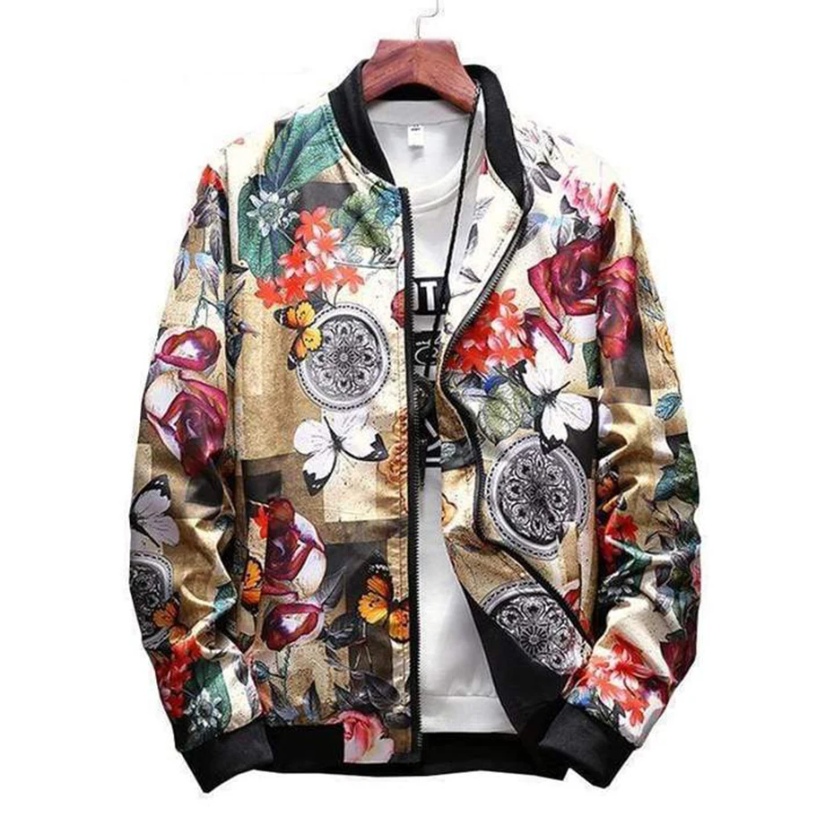 

Fashion Jacket Men Spring Autumn Bomber Jackets Full Floral Plus Size Casual Zipper Outerwear Mens Top Clothes