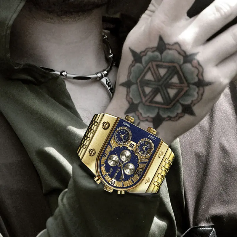 

Fashion Gold Watch Men Watches Stainless Steel Waterproof Mens Military WristWatch Big Dial 3 Time Zone Quartz Reloj Hombre Gift