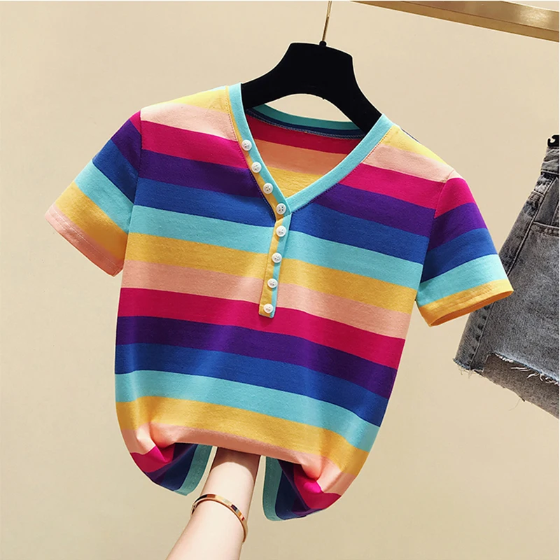 

Women's Summer New Fashion Cotton T Shirts V Neck Short Sleeve Casual Tops Female Button Striped Basic Loose T-Shirt Tees Femme
