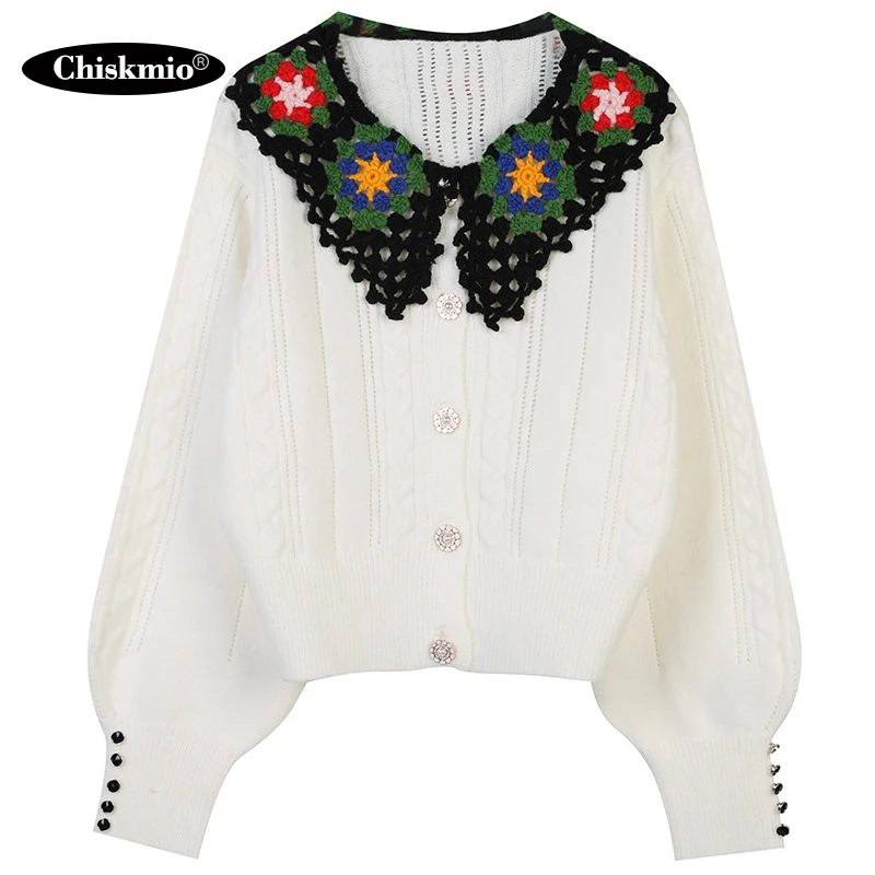

Женский вязаный Ретро кардиган в этническом стиле, Белый свободный свитер с длинным рукавом и кукольным воротником, пальто с цветочным узор...