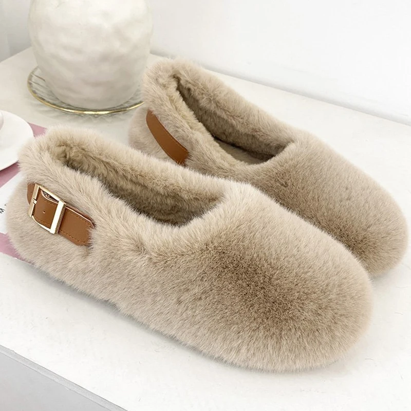 

Женские зимние меховые лоферы на плоской подошве, модная обувь 2021 с круглым носком, женская обувь без шнуровки, короткие плюшевые туфли, жен...