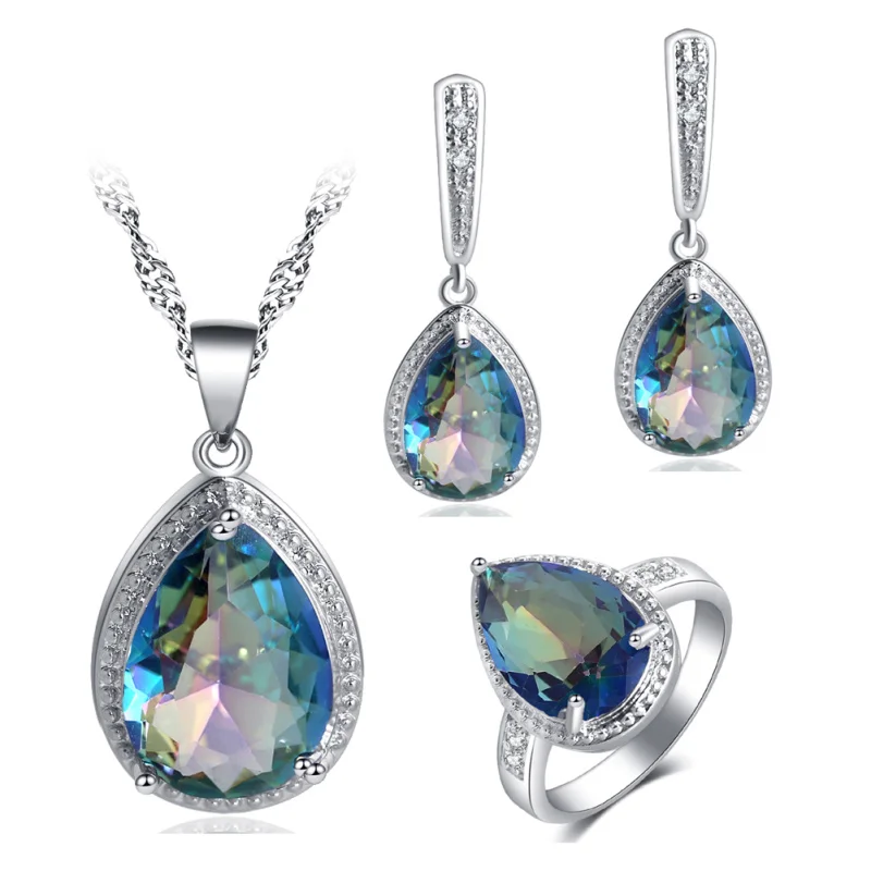 

ROLILASON For women Water Drop Design 925 Silver Colorful blue Zircon Earrings Necklace Rings Jewelry Sets JS737
