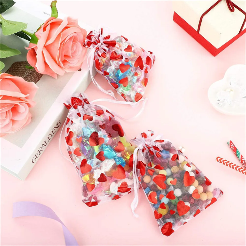 

100pcs/set Christmas Candy Bag Valentine's Day Love Bright Red Heart Bundle Mesh Bag Gold-stamped Gift Bag 2022 Ogan Gift Bag