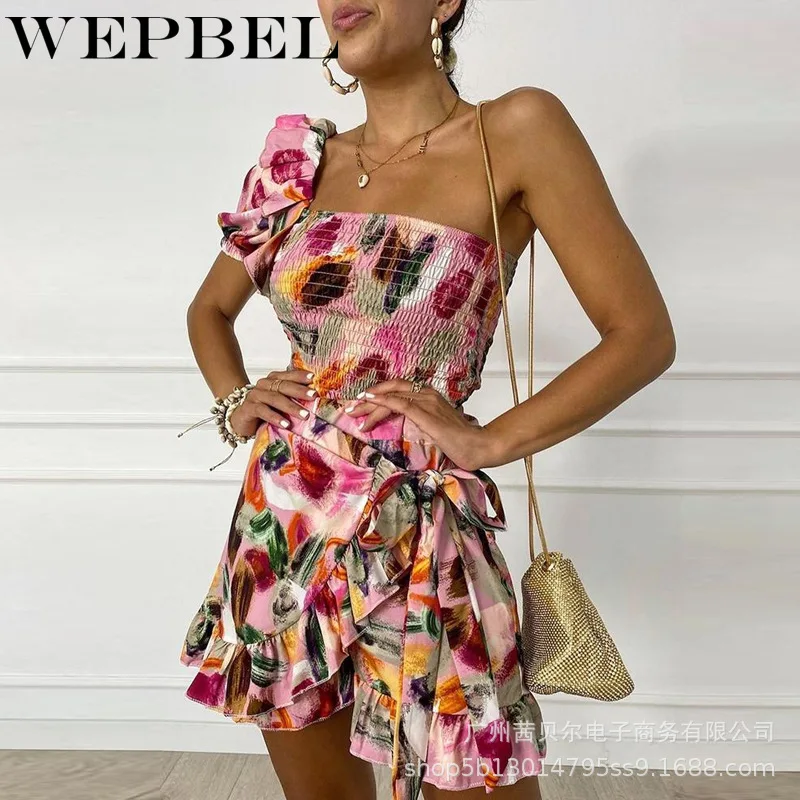 

WEPBEL женское элегантное платье с цветочным принтом, рюшами и оборками, женское повседневное Асимметричное мини-платье на одно плечо с лямкой...