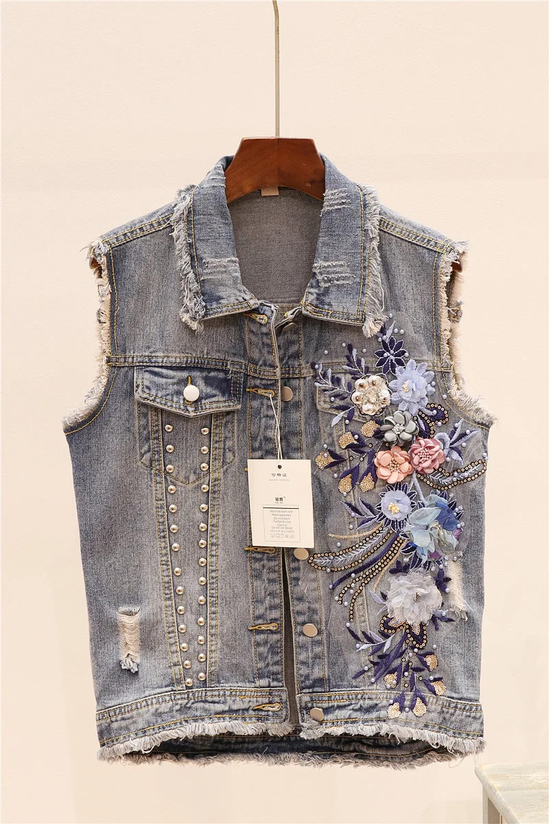 Джинсовый женский жилет 2020 осенняя Новинка корейская мода вышивка бисером цветы