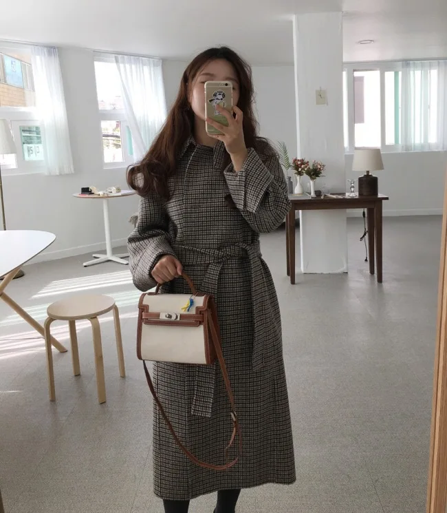 Новые женские ботинки; сезон осень-зима новинка Хепберн солнцезащитные очки в популярном стиле; сабвуфер Внешний пальто женское длинное пальто одежда в клетку YL005