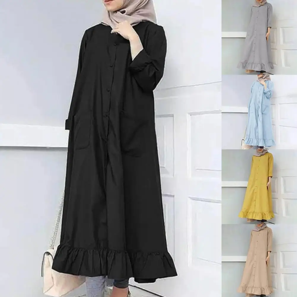 

Ruffle Hem Maxi Women Dresses Solid Color Round Neck Long Sleeve Single-breasted Dress With Pocket Women's Dress Accessory