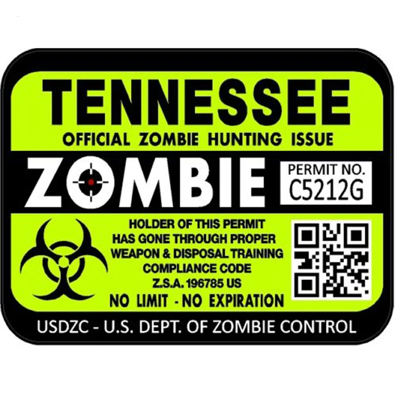

14cmTennessee ZOMBIE Hunting License Permit Car-styling Retro-reflective Decal Car Sticker