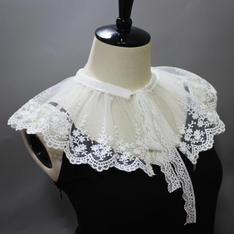 

Pleated Mesh Tulle Fake Collar Shawl Necklace Sweet Embroidery Floral Lace Wavy Trim Half Shirt Dickey Lace-Up Poncho